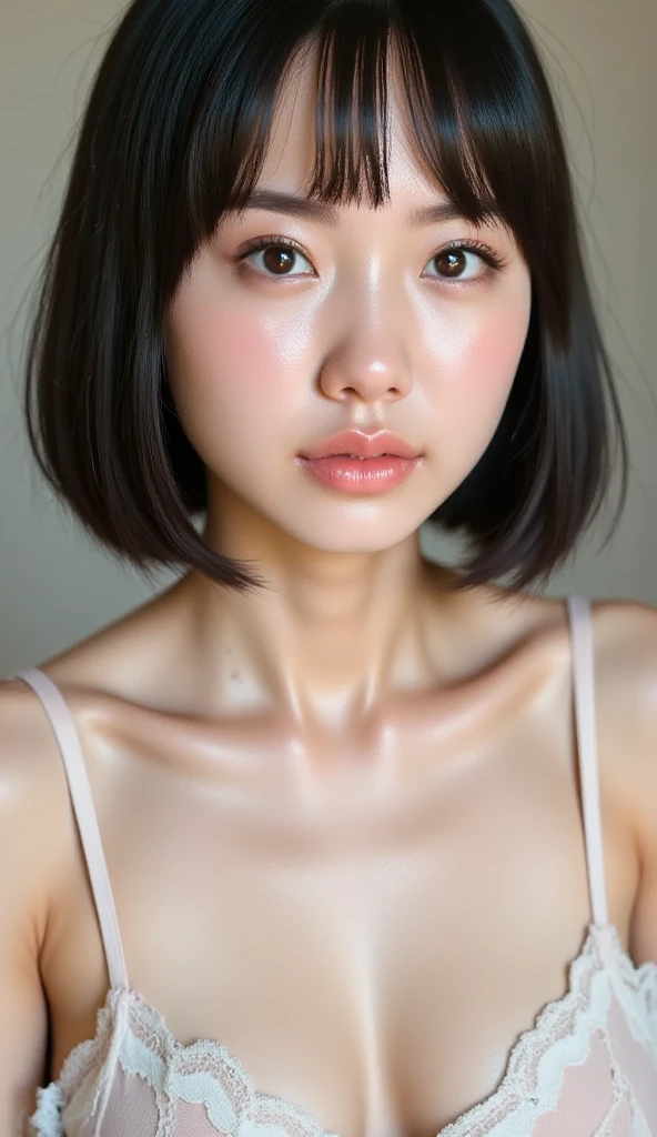 A striking adult model with a black bob haircut and slightly chubby features poses, age 18, nude, candy-colored wonderland, (((fully naked))), youthful, energetic, playful, posing, by Tim Walker, full body,
