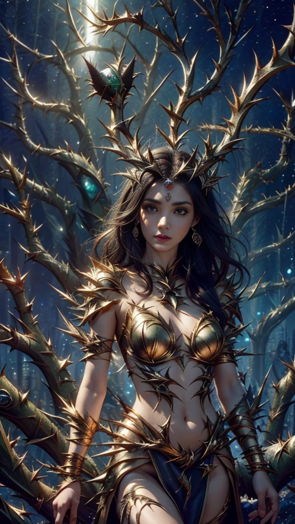 Create a delicate sculpture and a beautiful surreal artwork of a sexy female character with a mysterious and supernatural appearance. This character has pale marble skin, blue veins and gold specks all over her body. She is kneeling in contemplation, with large, twisted, rainbow-colored horns sprouting from her head. Her hair is a wavy white, partially covering her elf-like ears. She appears to have long limbs and golden claw-like nails, giving her a sense of both wonder and beauty. Golden spherical elements float around her, adding to the atmosphere of mystery and elegance. Flowers, usually mostly green debris, the intensity of the super realistic 3D HD movie Ultra Movie 65k is realistic., Overall, this image should convey a sense of fascination and beauty mixed with a sense of fantasy happiness."