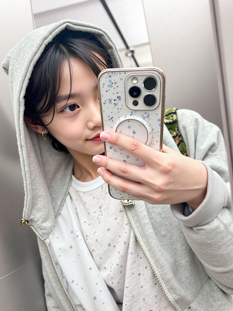 create ultrarealistic, hyperdetailed, anatomically correct 13 year old girl (by the cafe, Beautiful, innocent, medium bust, small) upper body selfie from hand (Frontal camera) in bed with a stuffed dog, wearing a black sweater and a jean jacket 