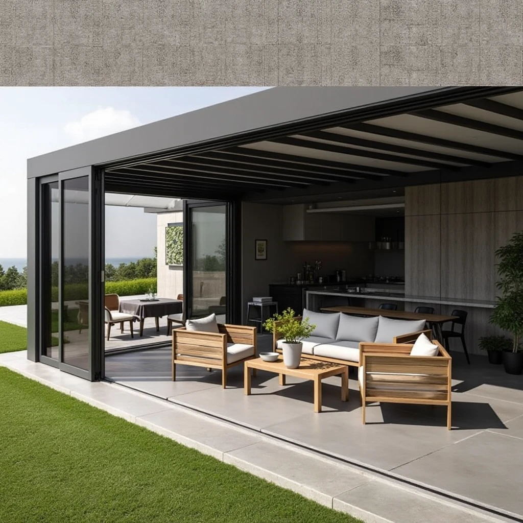 A structure in a modern outdoor living space . A bioclimatic pergola on the front facade of this structure system . Features as follows :
Pergola Ceiling : An aluminum ceiling structure with movable wings . These wings , can be switched on and off to control sunlight or turn off completely.
Glass Panels : } The perimeter is covered with and sliding glass panels . These panels , provides insulation from the outside environment while maintaining outdoor feeling .
Furniture : Modern living group with wood look . A coffee table in the middle and a vase decorated with lemon branches .
Floor and Landscape : Concrete floor covering and green lawn details in the exterior area .
background: An outdoor environment resembling a city or commercial space .
Such structures are often used in restaurants , in cafes , used in hotels or luxury residences . Offers a comfortable outdoor experience in both summer and winter .