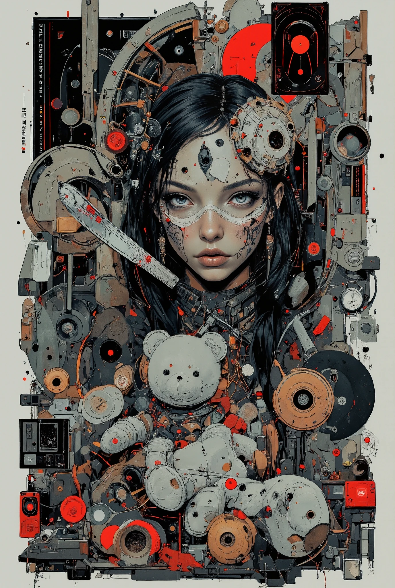  The crazy girl in Gothic Lolita,The woman said 「Which design do you like?」,Black,grey,red, surreal collage,a contemporary artistic collage,collage artwork, New Album Cover , Great Job !! ,digital collage、(collage ),collage art,contemporary collage,mixed media collage, surreal +      is high definition , surreal style,convertible、    calls it the inner world of the autism spectrum、Look at me、Tattoo,Patterned Mask ,teddy bear,bandage,Frills,knife,spider