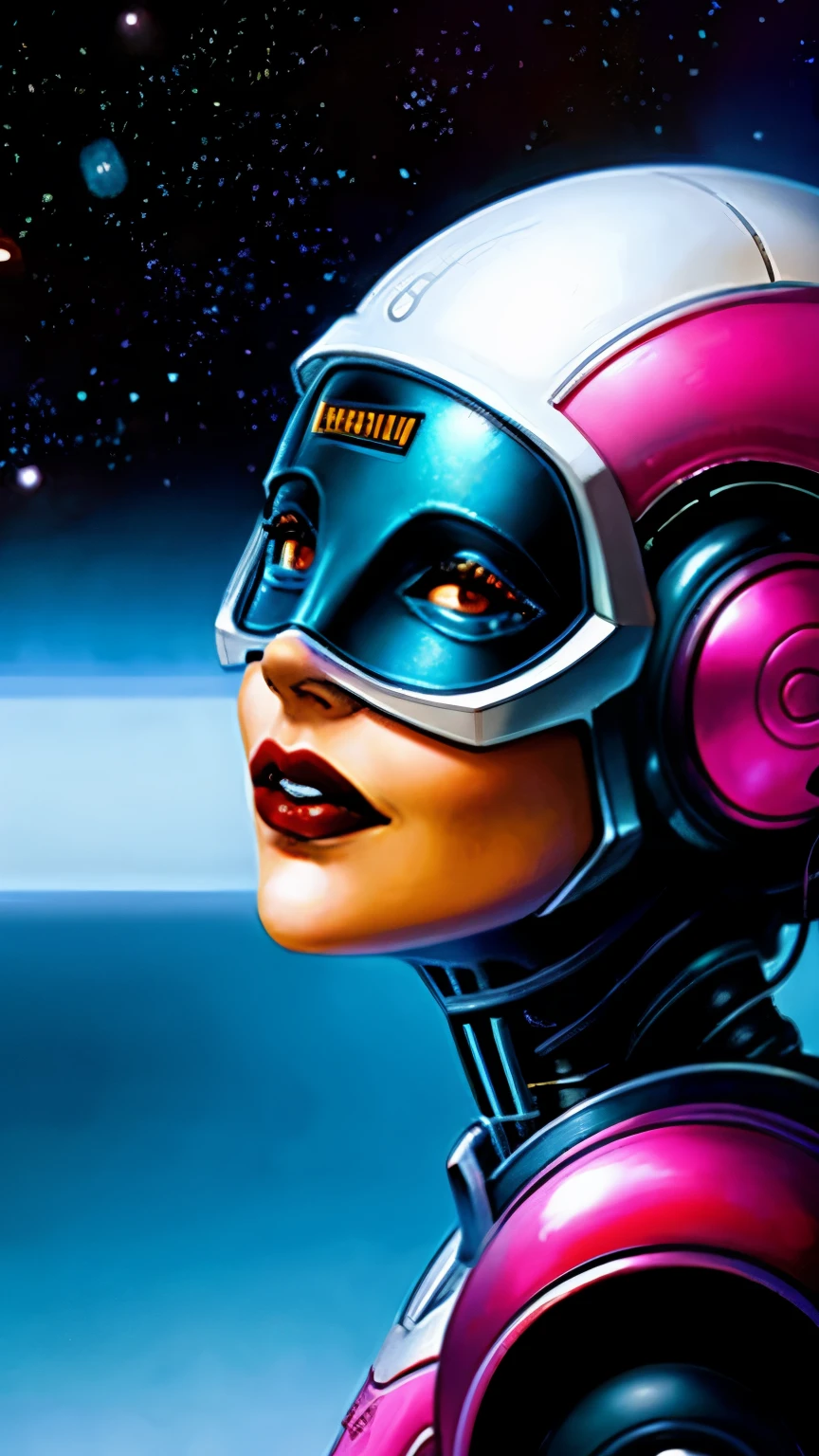  wearing a futuristic helmet 、 Closeup of woman wearing red lipstick,  Cyberpunk Jackie Wells , [cgsociety 9, style =  retrofuturism ,   Beautiful Android woman  ,  Portrait of a female bionic ,  retro futuristic fashion , Still from the movie 《blade runner》,  Female robot in the data center , Moebius aesthetics,  Alien robot movie drama ,  depicting a sci-fi scene   