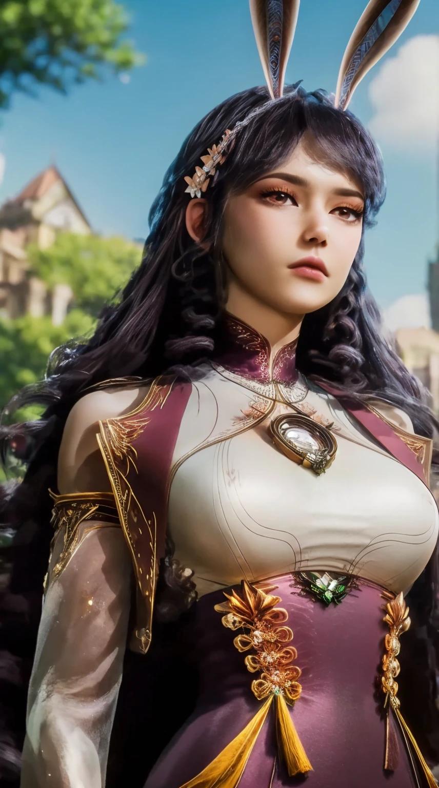 masterpiece,best quality,official art,extremely detailed CG unity 8k wallpaper,light rays,light particles,CG, 1girl ,mature female, looking at viewer, cityscape, night, hair ornament, long hair, fake animal ears, skirt,shirt,clothing cutout, rabbit ears, detached sleeves,A lovely beautiful girl，lovely and delicate，Peerless beauty，Delicate hair accessories，pitying，（messy hair），Costume in lace，Supple skin，Fashionab，A delicate painting，Clover hairpins，blue，Ultra-high image quality，8k，depth of fields，（Macro lens），Ambient lighting，high light，Upper body animation style,Comics,High quality above the waist， huge chest ， huge chest ，, exposing his chest， Exposed Tits ，
1girl,long hair,solo,sky,day,outdoors,tree,rabbit ears,animal ears,black hair,blue sky,jewelry,Full body, long legs, seductive model pose, natural model pose, cloud,building,looking at viewer,copyright name,fake animal ears,hand up,