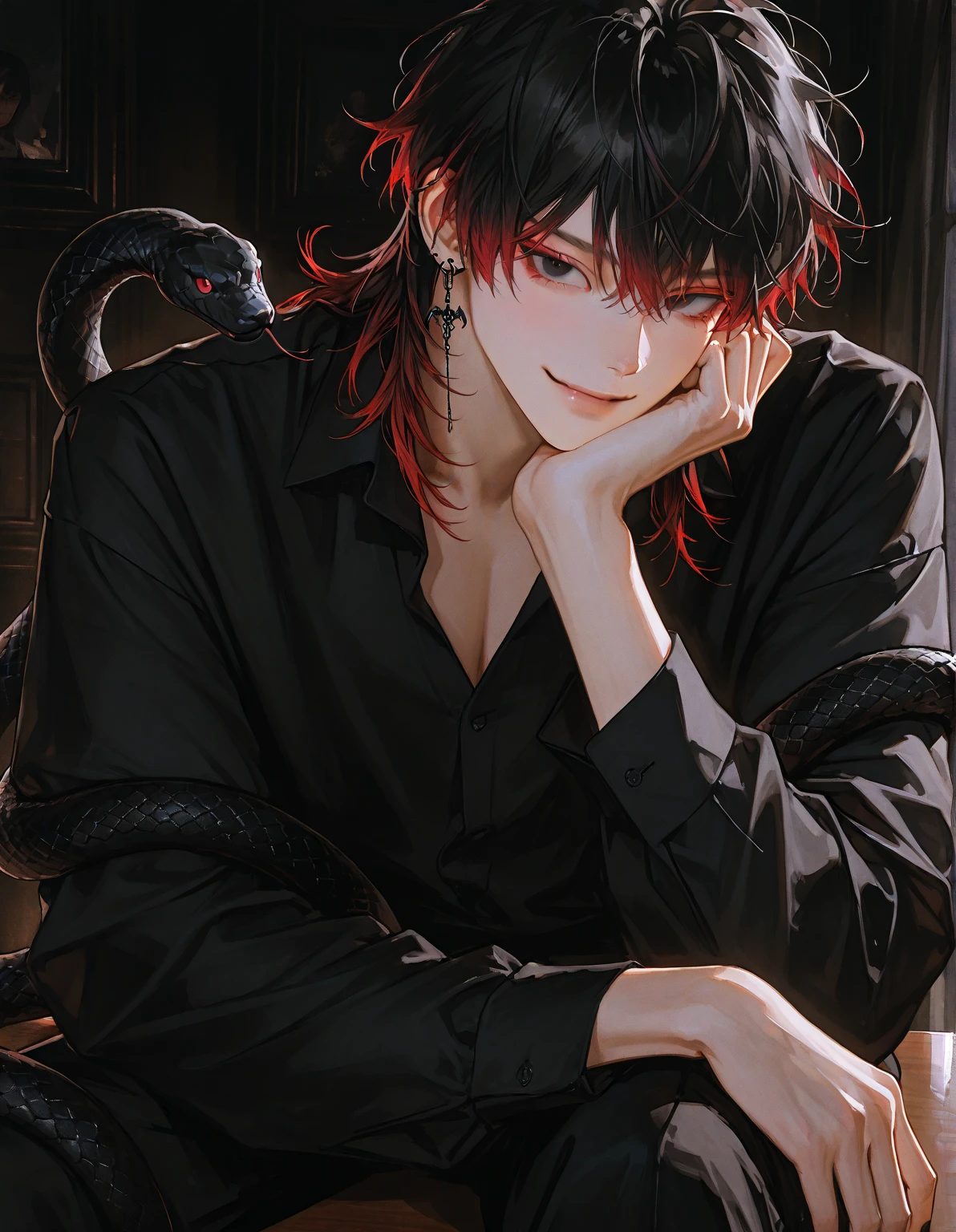 Handsome man, 1 man, handsome man, pitch black hair, dark red highlights, messy hair, male focus, focus, black nail polish, collared shirt, deep black eyes, smug expression , sitting with his legs on the table, gothic background, dark background, black snake earrings, high details, perfect eyes, Korean men, thick brushstrokes, cinematic light, semi-realistic art, semi-realistic art style, impressionist painting,detailed art style, expressive brush strokes, vibrant brush strokes, impressionist painting,realistic skin, realistic hair, realistic details, photo realistic, High details, uncensored,