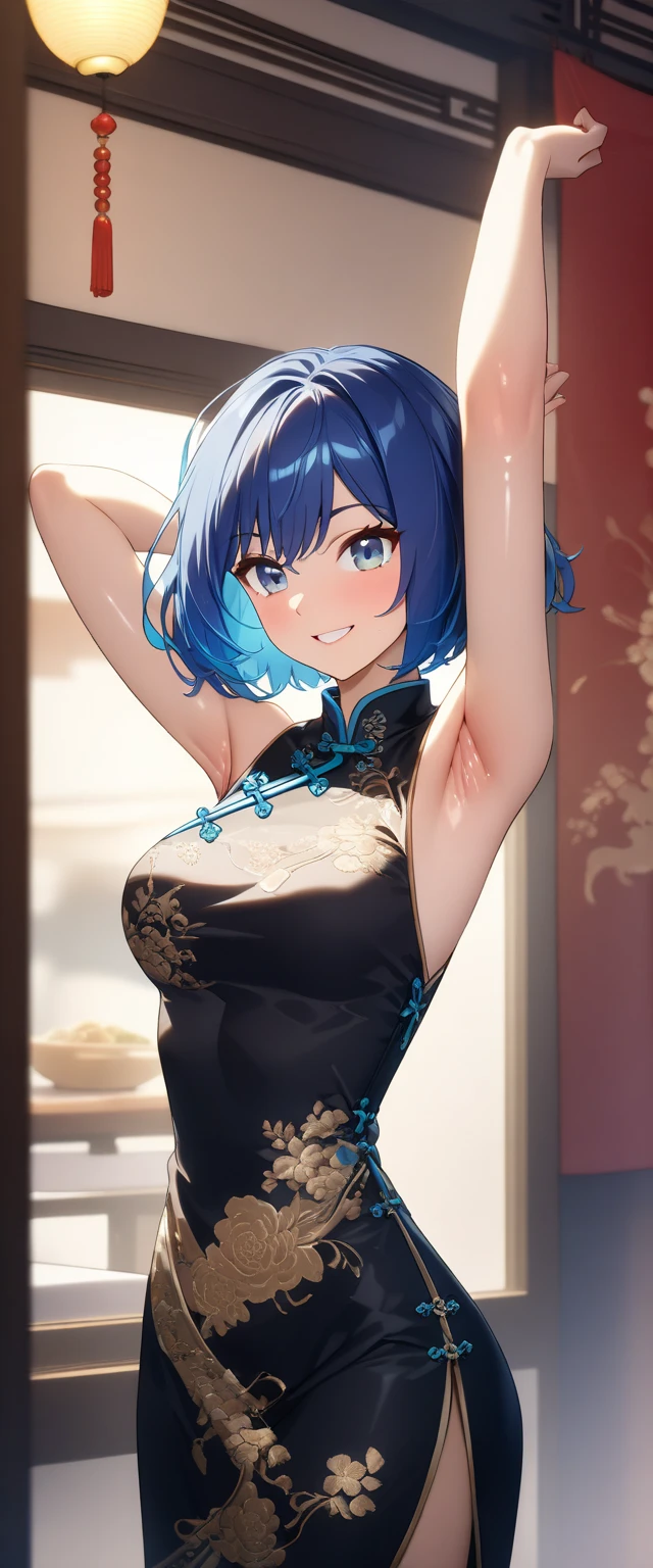 (Bust)、(Akane Kurokawa)、((  1 woman )、(Chinese Restaurant) 、((Cross your arms behind your back to show your armpits ))、((   wear white noble embroidered Chinese clothes))、 masterpiece、 high definition 、  High Quality  、32K、(( bright blue hair、 short cut hair 、Shiny hair quality))、(())、 ( Bright blue eyes)、(  and smile gently)