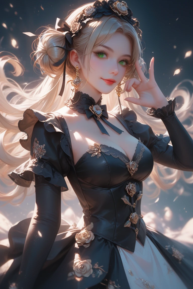 vampire woman, Victorian dress, absurdres, RAW photo, extremely delicate and beautiful, masterpiece, Best Quality, ultra high resolution, 32k, hyperrealistic, ultra-detailed, detailed description, pale skin, 20 years old, tearful mole, earring, short medium hair, wavy hair, full body shot,