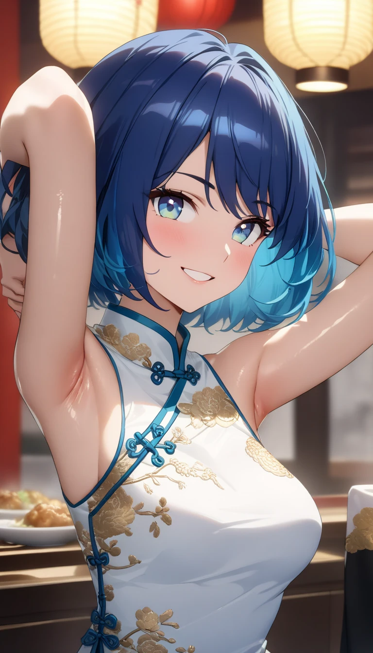 (Bust)、(Akane Kurokawa)、((  1 woman )、(Chinese Restaurant) 、((Cross your arms behind your back to show your armpits ))、((  Wear white noble embroidered Chinese clothes))、 masterpiece、 high definition 、  High Quality  、32K、(( bright blue hair、 short cut hair 、Shiny hair quality))、(())、 ( Bright blue eyes)、(  and smile gently)