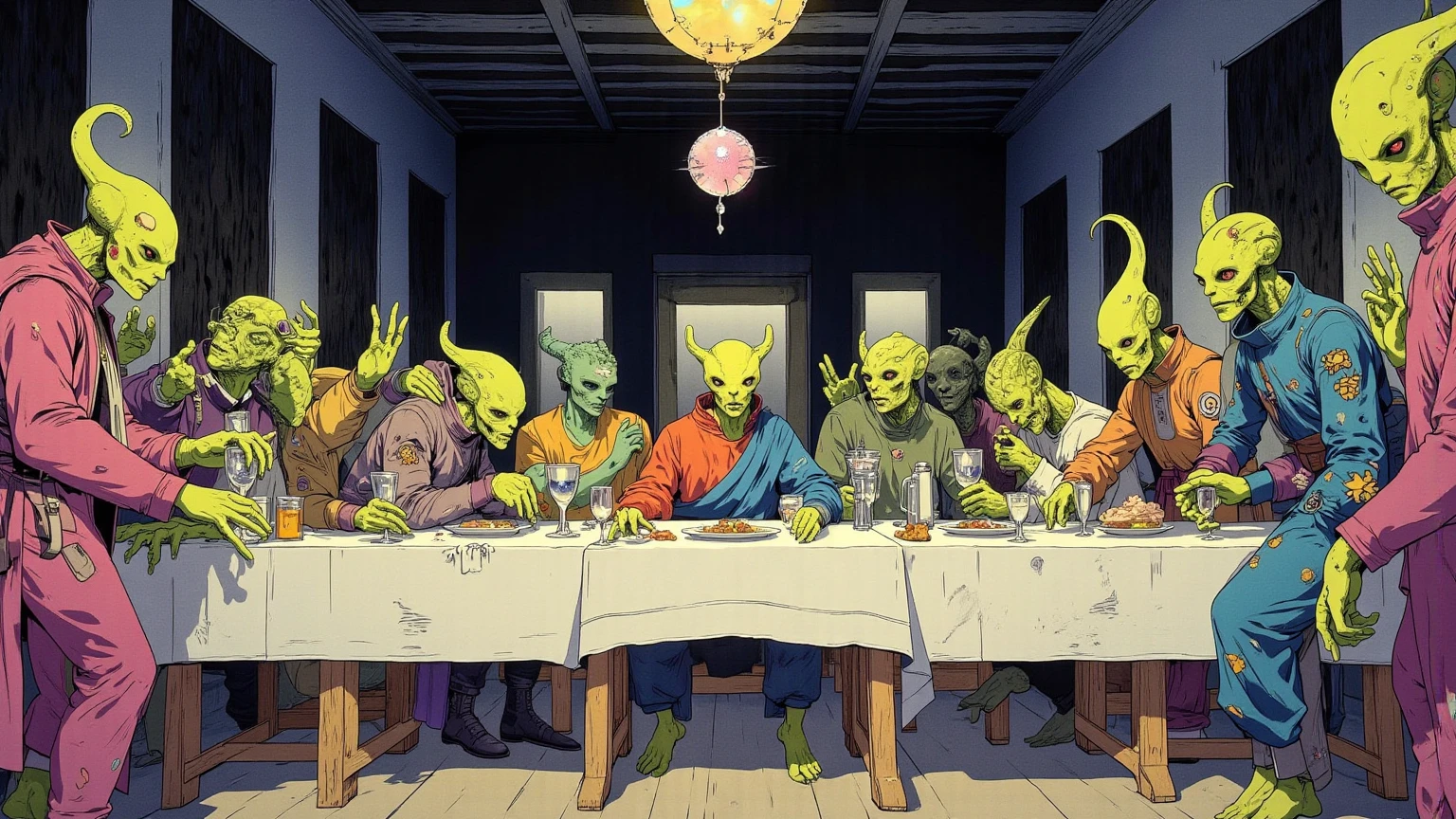 change all people in the last supper painting to,
angel with wings, left
alien with big eyes, right
satan with smile face have horn forhead, in left
gokou with supersaiyan god, right
mr bean, left
and the middle is jesus mohank hairstyle, with gun
and the background is last supper