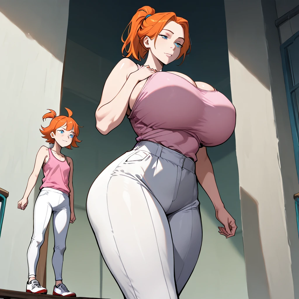 Beautiful giant woman,ponytail, orange hair, blue eyes, nostra666, summer_smith, rick and morty, (white pants, sport shoes, pink tank top:1.2),23 years old, large breasts, standing over a small woman, gigantic breasts, size difference, from below