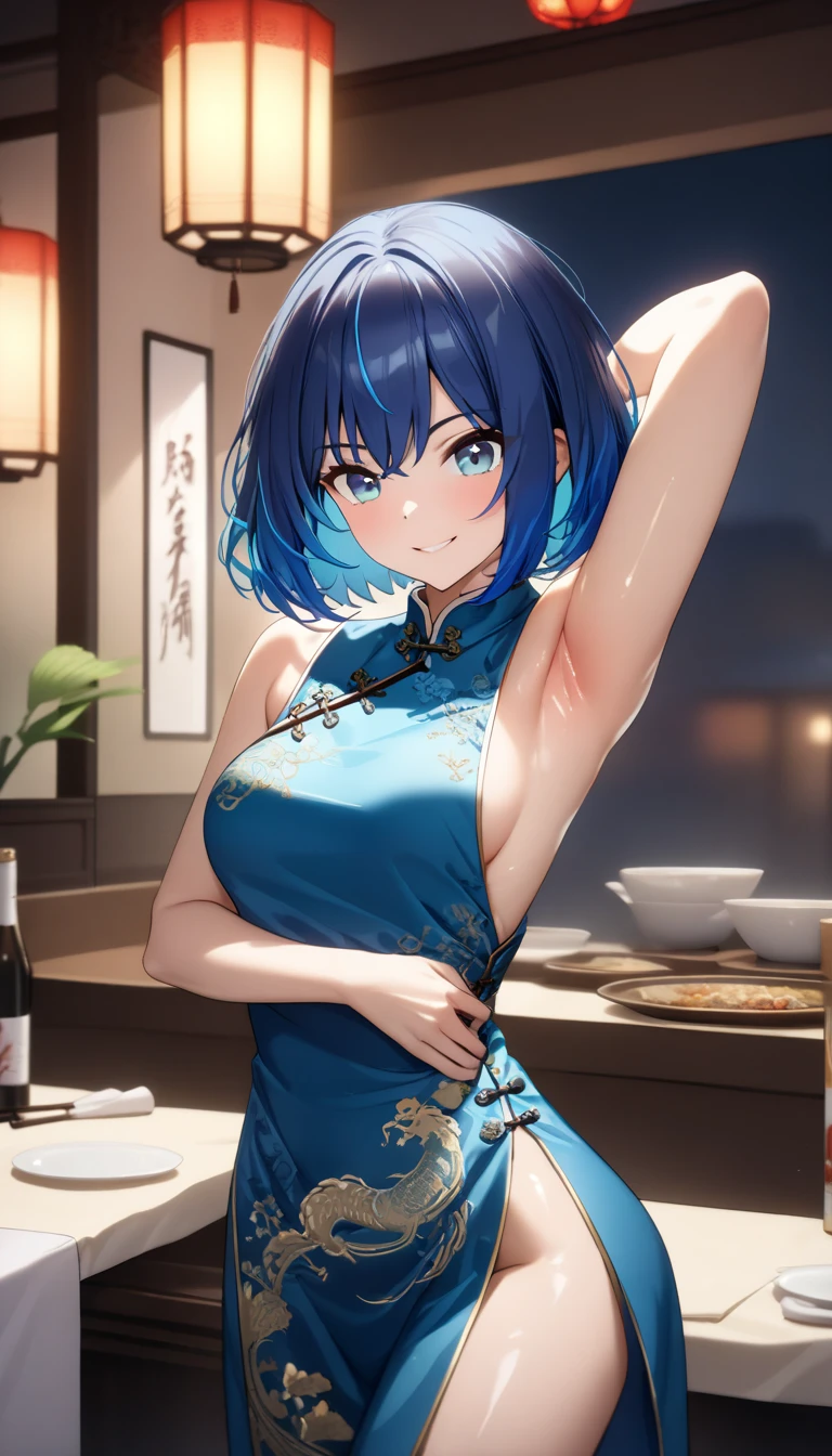 (Bust)、(Akane Kurokawa)、((  1 woman )、(Chinese Restaurant) 、((Cross your arms behind your back to show your armpits 、 no bra))、((   wear white noble embroidered Chinese clothes))、 masterpiece、 high definition 、  High Quality  、32K、(( bright blue hair、 short cut hair 、Shiny hair quality))、(())、 ( Bright blue eyes)、(  and smile gently)