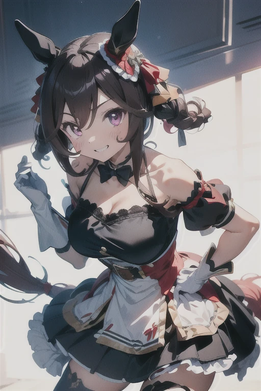 gentildonna,umamusume,1girl, animal ears, solo, purple eyes, horse tail,large breasts,,light smile,best quality,bare shoulders, white gloves, black belt on the chest, red dress, frills, ribbon, black skirt, thighhighs, white legwear, large breasts, hand on own hip, smug,