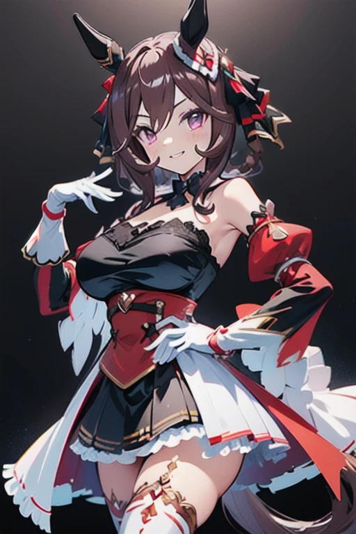 gentildonna,umamusume,1girl, animal ears, solo, purple eyes, horse tail,large breasts,,light smile,best quality,bare shoulders, white gloves, black belt on the chest, red dress, frills, ribbon, black skirt, thighhighs, white legwear, large breasts, hand on own hip, smug,