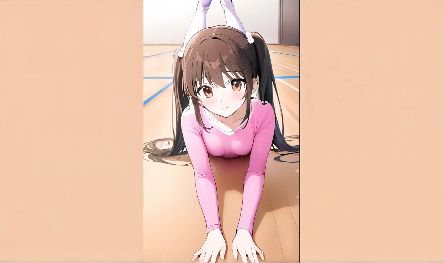 a young girl with blond hair laying on floor playing in front of hoop, 1girl, athletic leotard, solo, pink leotard, leotard, gymnastics, brown hair, breasts, lying, brown eyes, long hair, ponytail, looking at viewer, hair bow, medium breasts, bow, blush, reflection, bangs, wooden floor, on stomach, hoop, mirror