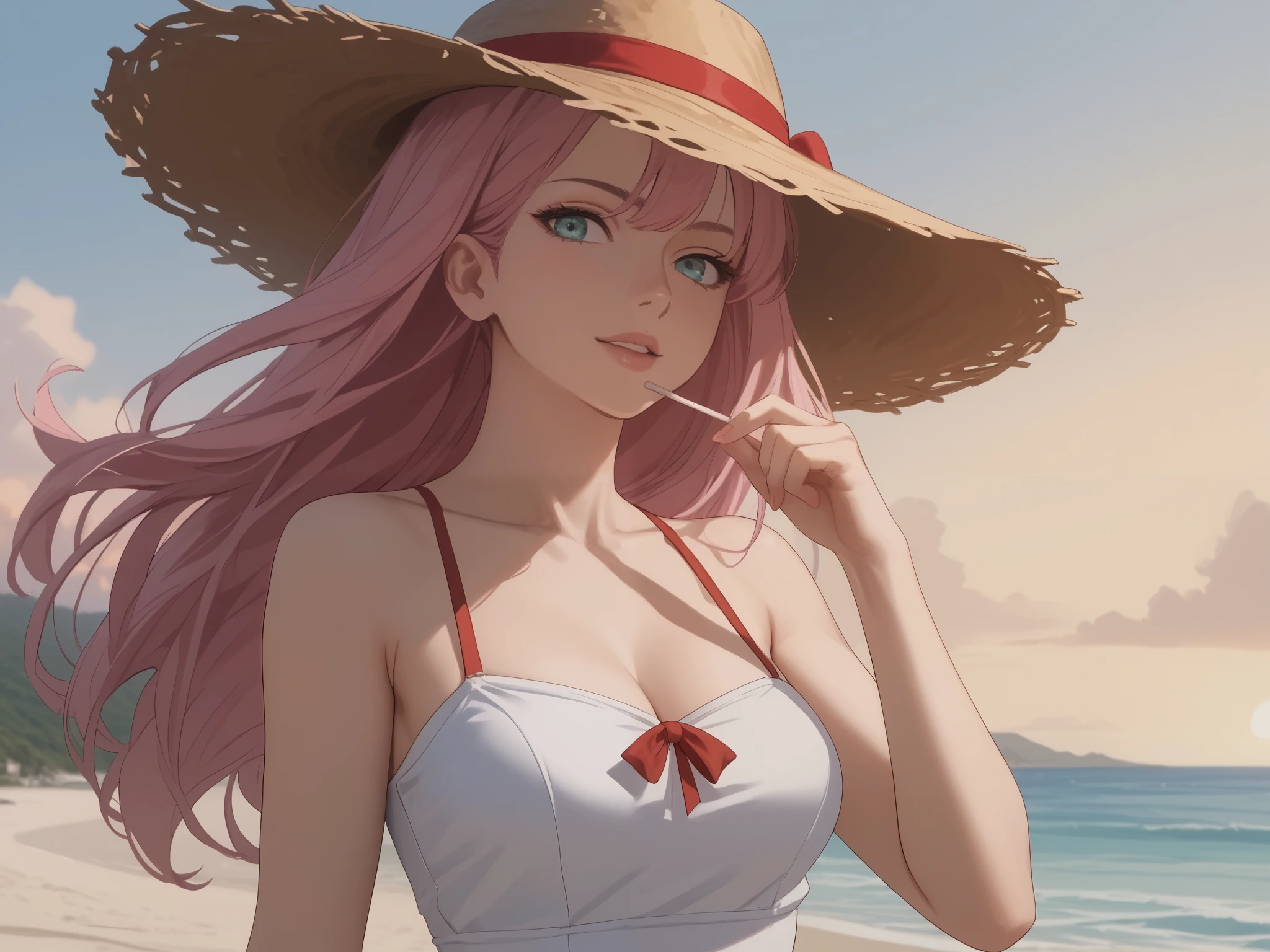 فستان احمر قصير ضيق. shoulders.  long pink hair wearing a straw hat with a red thread.   on the beach .  tight red short dress at sunset 
High resolution ,  best quality,  mission is one girl, Breasts, 