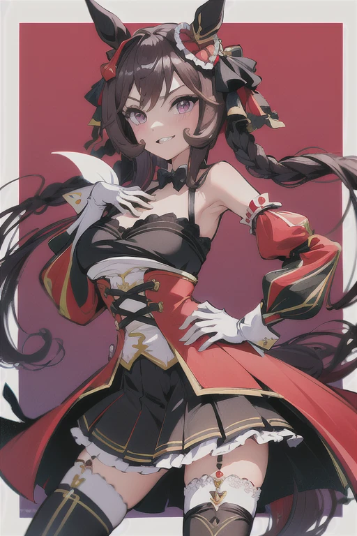 gentildonna,umamusume,1girl, animal ears, solo, purple eyes, horse tail,large breasts,,light smile,best quality,bare shoulders, white gloves, black belt on the chest, red dress, frills, ribbon, black skirt, thighhighs, white legwear, large breasts, hand on own hip, smug,