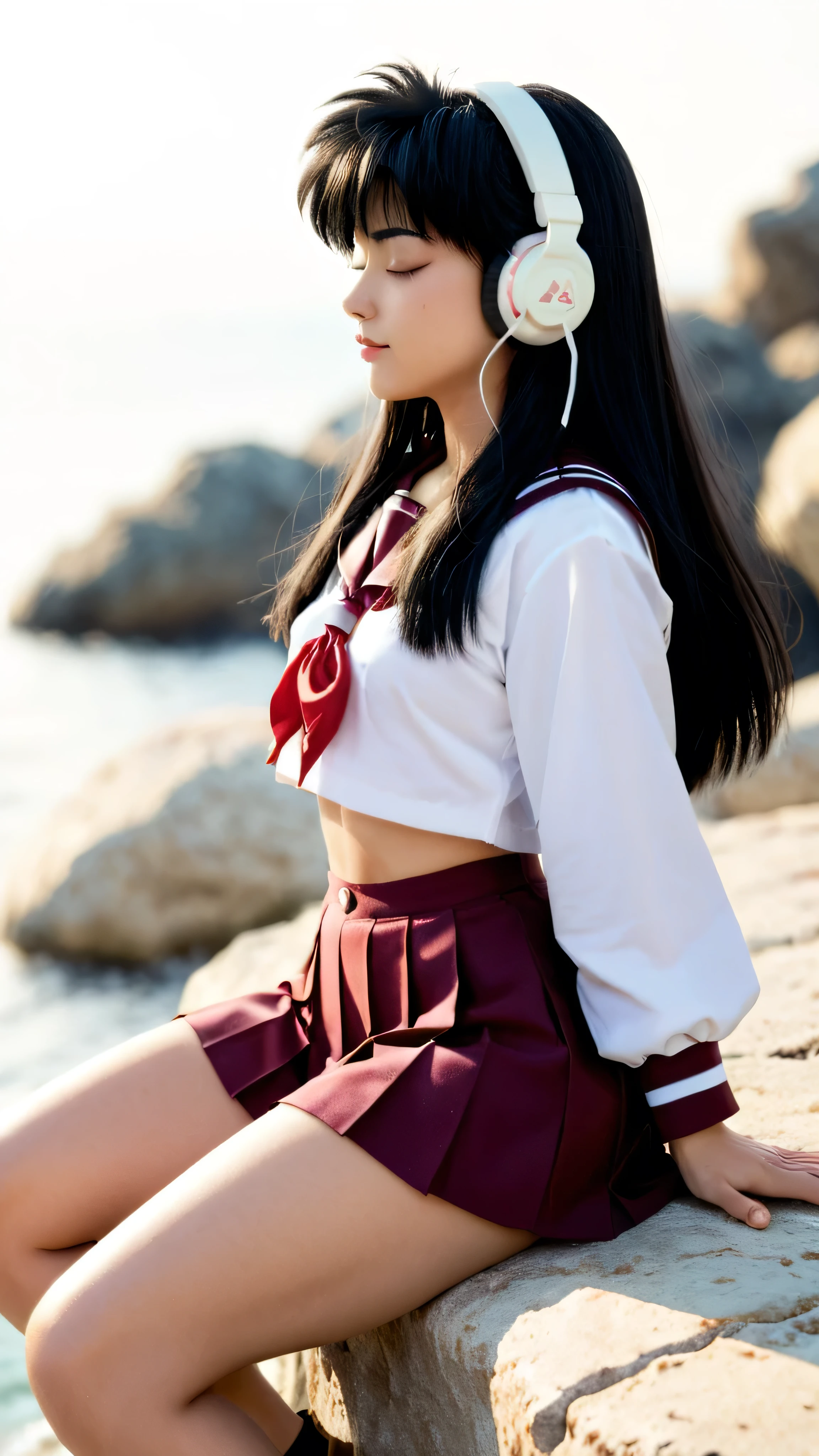 Kagome Higurashi chan / inuyasha, Black hair, a girl, very thoughtful, long straight black hair, closed mouth , eyes closed , headphones in her ears , she opted for a school uniform, small breasts, Not suitable for work , big ass, thick thighs in bed, wide hips , sitting on a rock next to the sea, legs together, from the side