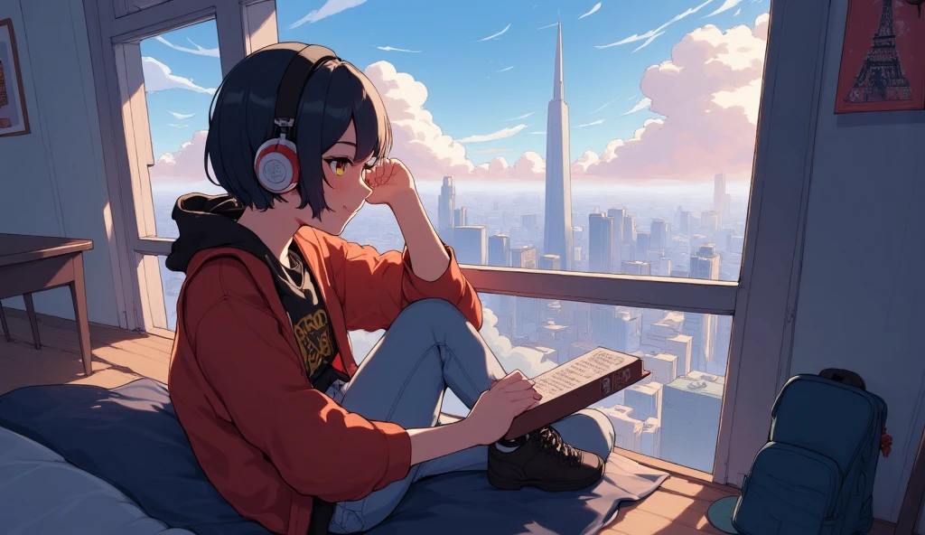  indoor, Wearing headphones, Studying in the room, Sit by the window,  Contemplative posture, little smile, Look at thebuildings,having a book, head stuck to glass,big city and tall buildings, Beautiful sky, a beautiful girl with, bob cut,Bangs, Ultra HD Portraits, (high quality) (Super detailed) Looking at the audience dressed in hip-hop style streetwear; different, Colorful,