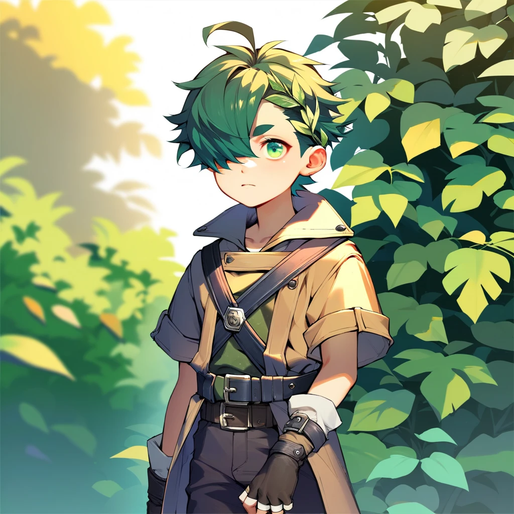 (boy), Dryad, green ivy hair, green eyes, short cut, side part, ahoge, hair over one eye, thin eyebrows, young, alone, short, Shota, pants, trench coat, long boots, plant hair accessory, wide pants, harness, fingerless glove, belt, Solo, with a left hand bow, upper body