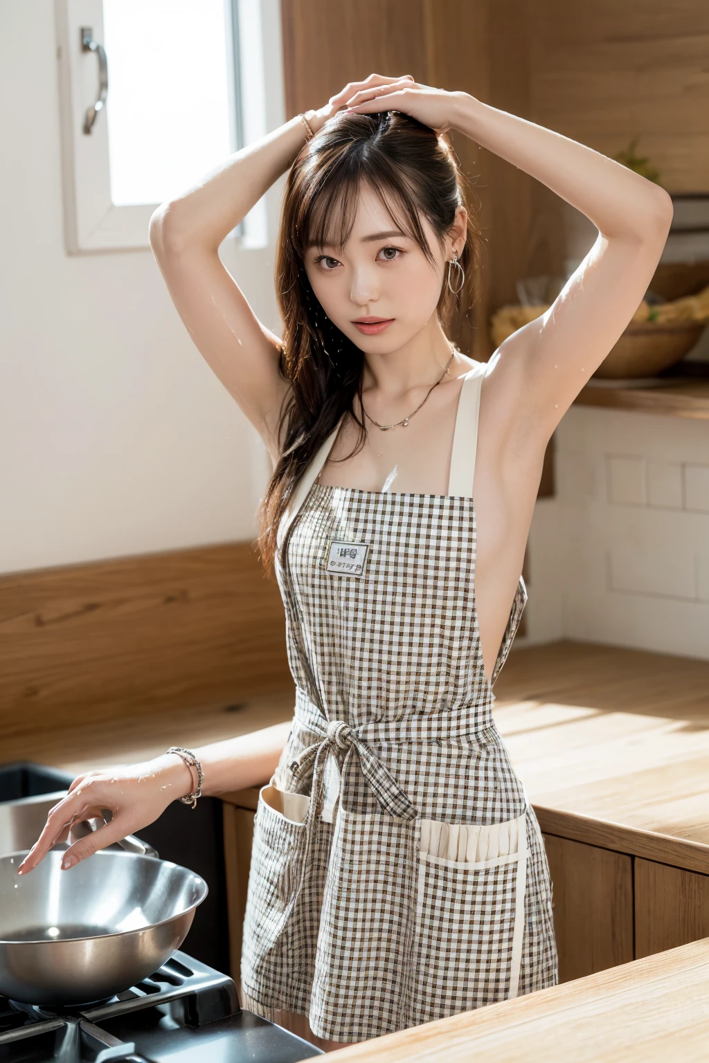 One Girl, (Beautiful girl, Delicate girl:1.3), (Age 25:1.3),全身
break, (nude, Checkered Apron Dress, nudeを公開する:1.2), (Ribbon tie),
break, (Cafe),
break, Very beautiful eyes, (Symmetrical eyes:1.3),
break, Small breasts, Brown eyes, Parted bangs, Brown Hair, (Upper teeth, The best smile:0.2),
break, (Eye and facial details:1.0),
break, (masterpiece, Highest quality, Super detailed, Detailed face, 8k)