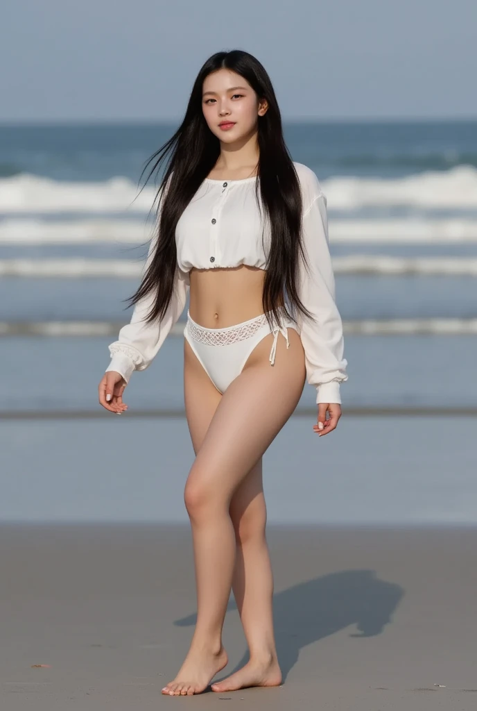 The composition is a full body shot from below 、Correct structure as a human 、 correct structure as a woman、A woman with big boobs is naked on the beach wearing a bikini swimsuit and having fun alone、 best quality 、masterpiece、 Not wearing underwear 、barefoot