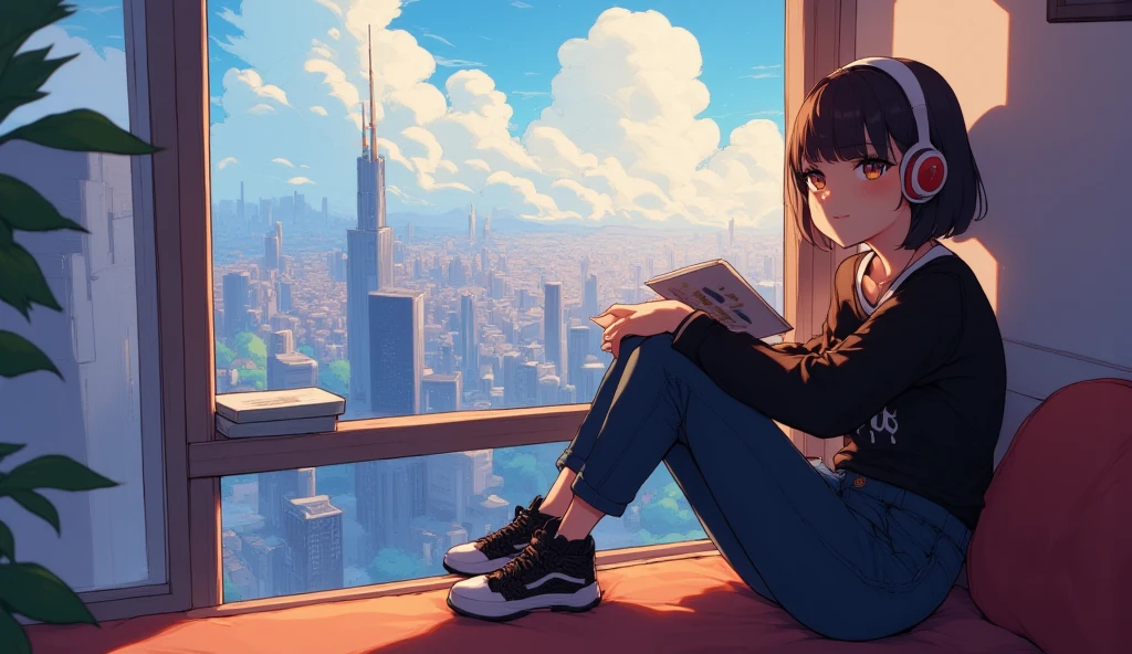  indoor, Wearing headphones, Studying in the room, Sit by the window,  Contemplative posture, little smile, Look at thebuildings,having a book, head stuck to glass,big city and tall buildings, Beautiful sky, a beautiful girl with, bob cut,Bangs, Ultra HD Portraits, (high quality) (Super detailed) Looking at the audience dressed in hip-hop style streetwear; different, Colorful,