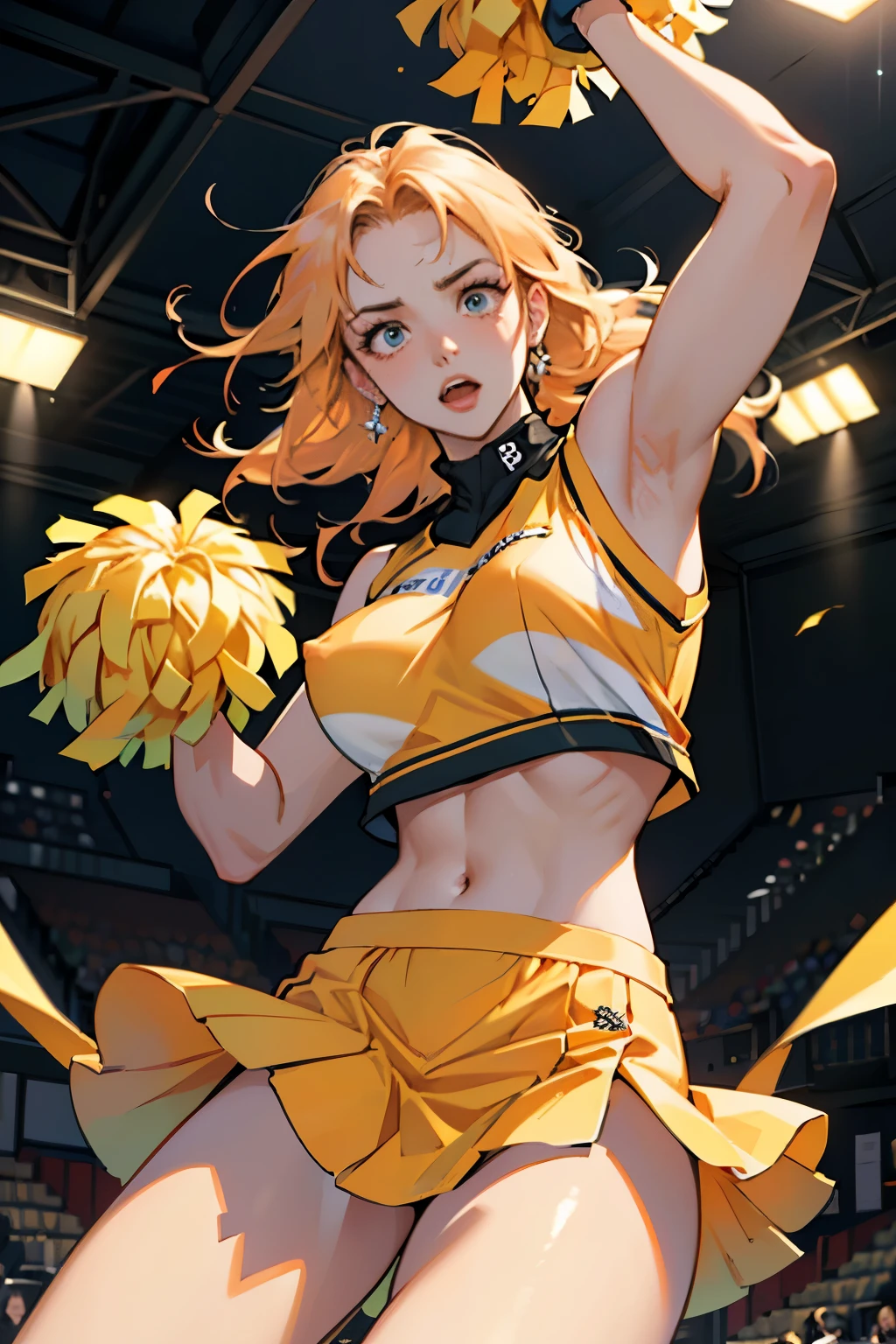 Satsuki Nakano, Itsuki Nakano, bangs, blue eyes, hair between eyes, Ahoge, redhead, star \(symbol\), hair ornaments, star hair ornaments,Braid,(Very delicate eyes), (cheer leading), (whole body), big breasts, Lower, (sweaty), sweaty Wet Clothes, (Yellow clothes), , Navel support, playground, (jump), (jump), 足を曲げてjumpする, Aria, blue sky, Grass原, smiling cheerleader, pom pom \(cheer leading\), Grass, 
break outdoors, playground,
break (masterpiece:1.2), highest quality, High resolution, unity 8k wallpaper, (figure:0.8), (beautiful and fine eyes:1.6), highly detailed face, perfect lighting, Very detailed CG, (perfect hands, perfect anatomy),