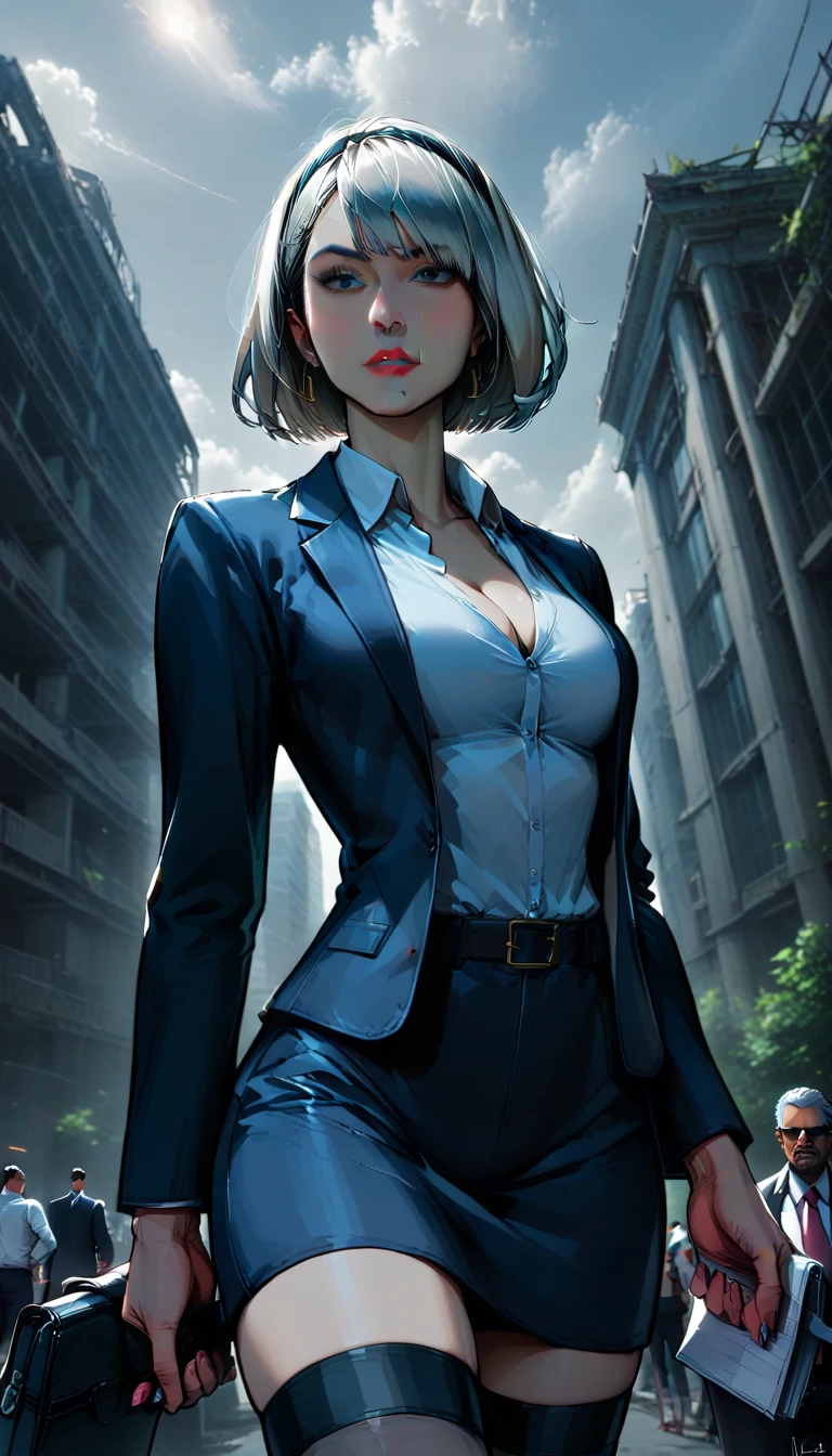 score_9, score_8_ up, score_7_ up, 32K,Masterpiece,  best quality , 
 Photorealistic, s uper detail,  bright color,  chiaroscuro lighting ,  Cinematic Lighting,
 female 1, Inspired by Nier Automata 2B,
 bob cut,  gray hair, bangs,  moles around the mouth,  Blindfold ,
(( business suits :1.6)),
Ruins,  devastated world,  ruined city, Dark cloudy sky,
 seductive poses, Dramatic angle,