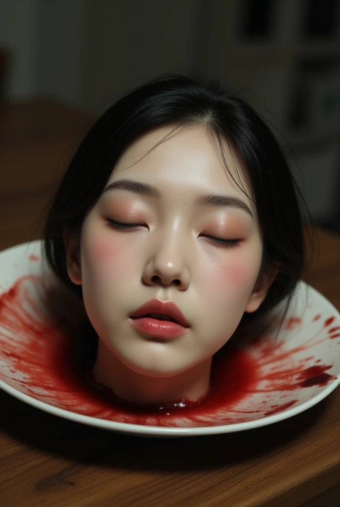   place the head of a decapitated woman , Asia,  Less blood stains   , ((  with eyes closed )),   like a dish on a plate  , Bloody,  actual , 4K, Nikon, fear