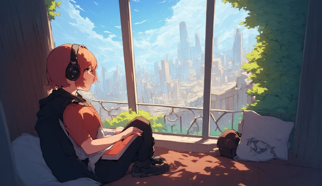  indoor, Wearing headphones, Studying in the room, Sit by the window,  Contemplative posture, little smile, Look at thebuildings,having a book, head stuck to glass,big city and tall buildings, Beautiful sky, a beautiful girl with, bob cut,Bangs, Ultra HD Portraits, (high quality) (Super detailed) Looking at the audience dressed in hip-hop style streetwear; different, Colorful,