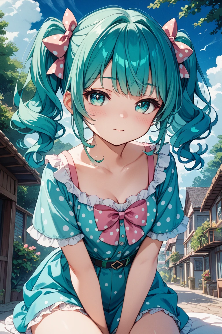  Twin Tails、　 pattern 、1 cute girl、sleepy、Aqua's Eyes、AQUA's hair color 、 2 pink ribbons 、 white polka dot pattern on the ribbon、Night hair color、Green auroras spread all over the sky