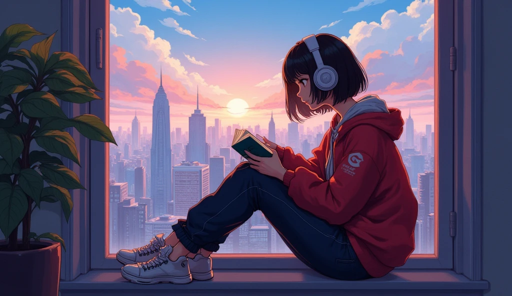  indoor, Wearing headphones, Studying in the room, Sit by the window,  Contemplative posture, little smile, Look at thebuildings,having a book, head stuck to glass,big city and tall buildings, Beautiful sky, a beautiful girl with, bob cut,Bangs, Ultra HD Portraits, (high quality) (Super detailed) Looking at the audience dressed in hip-hop style streetwear; different, Colorful,