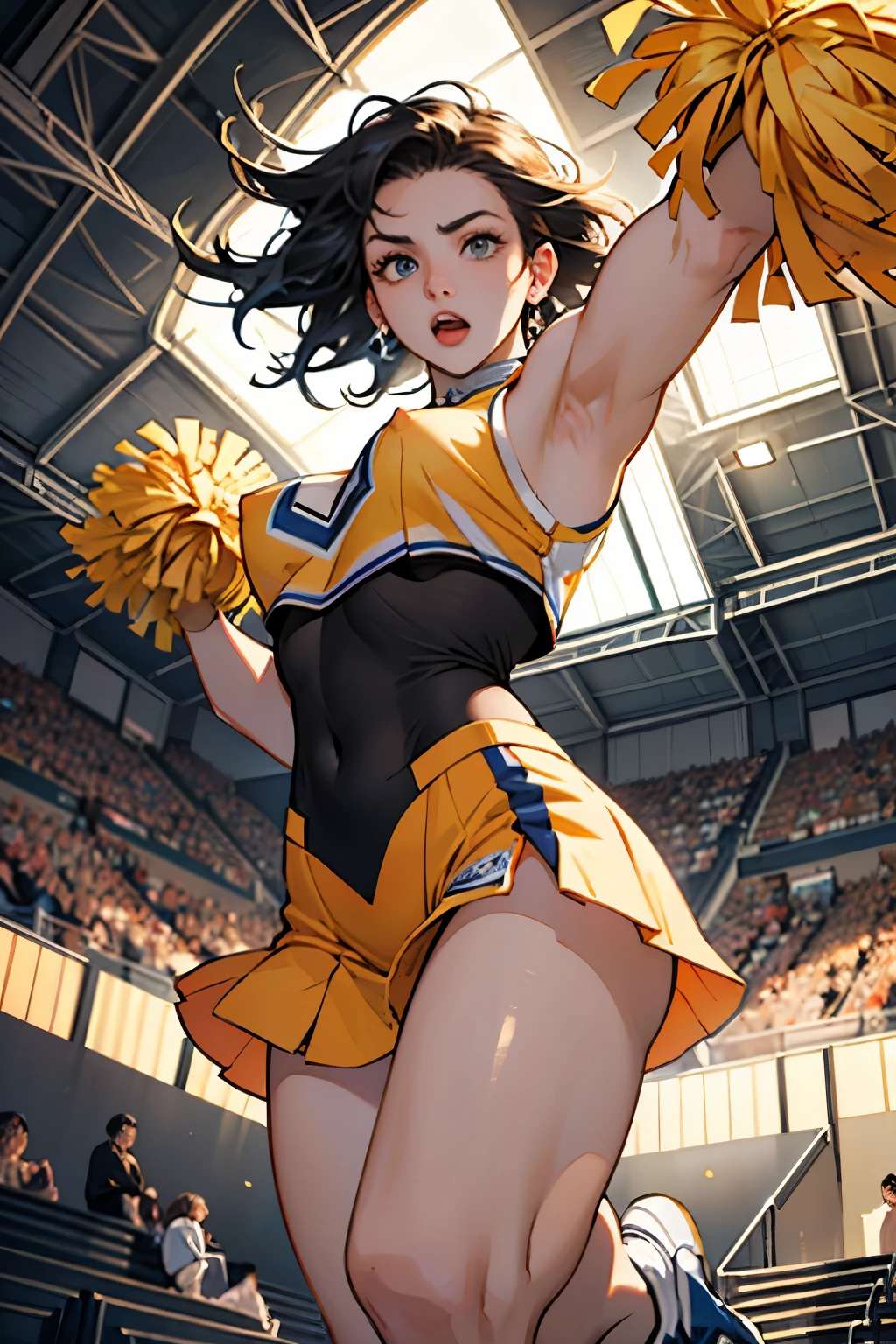 Masterpiece, detailed eyes face and clothes, 1girl, cheerleader, sweaty, thick thighs, big breasts, skirt, brown hair, white girl,