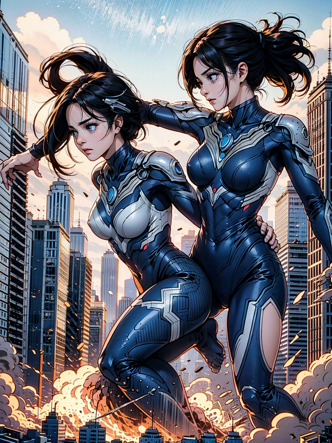 An ultra-detailed 8k manga illustration of an alluring Giantess girl. Her figure is accentuated by the sleek, flawless, porcelain-like skin, ((150 feet height)). She dressed in Ultragirl suit, half-removed that revealing her shoulders, Her breasts, nipple, could be seen through lifted her dress up. The suit clings to her curves, its vibrant silver and red design catching the light in intricate detail. Her bare chest is subtly visible beneath the lifted fabric. Her eyes are heavy-lidded, brimming with intensity and purpose, Her lips may part slightly, moist and inviting, soft smile plays across her face. Her pose is relaxed yet intentional, capturing the intimate moment as she begins to shed her heroic armor, blending the iconic Ultraman aesthetic with an irresistible, human sensuality. cinematic, dramatic lighting, volumetric fog, cinematic camera angle, intricate details, sparks and debris, city skyline in background, (best quality,4k,8k,highres,masterpiece:1.2),ultra-detailed,(realistic,photorealistic,photo-realistic:1.37). (((fighting with monsters, Battle, death struggle, monsters attack, side view.)))