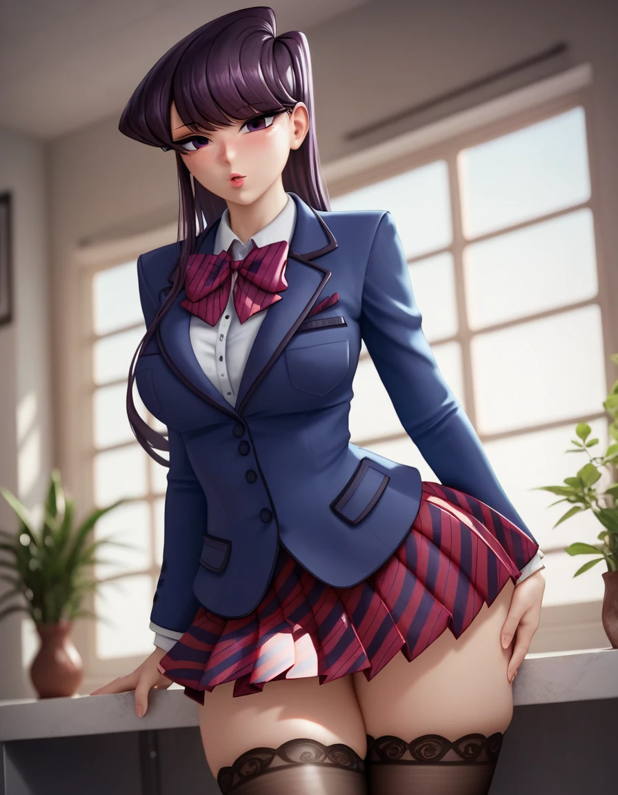 style anime, 1 girl, alone,  detailed portrait of komi shouko, beautiful detailed eyes, beautiful detailed lips, extremely detailed face, long black hair, school uniform, red bow, blue jacket, blazer, long sleeves, striped, pleated red skirt, black stockings, (best quality,4k,8k,highres,masterpiece),ultra-detailed, details,exquisite rendering,vivid colors,soft lighting, komi_shouko, Big breasts, Big boobs, Big butt,   wide hips, rounded butt, thick middle thighs,