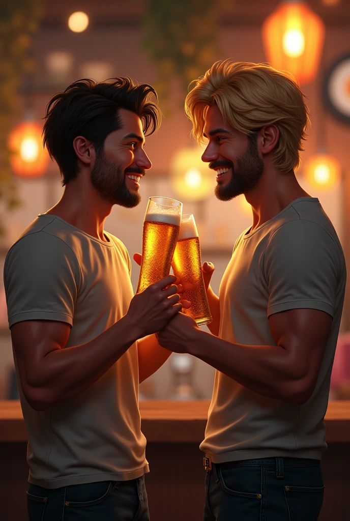 2 young men, one had a short beard and the other was not younger, drinking beer, one without a t-shirt and the other with an arraya t-shirt together.In a farm