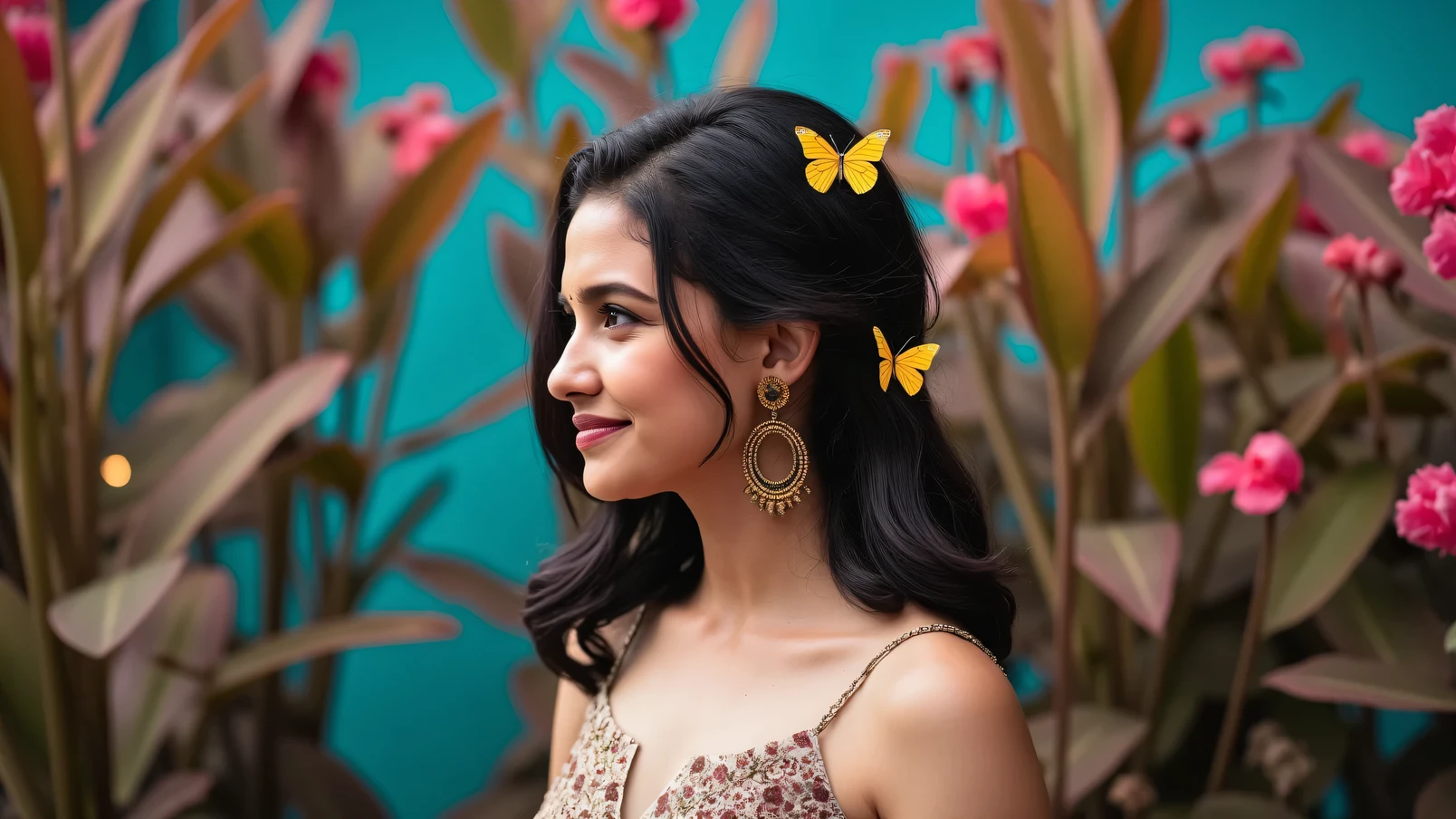 Whimsical portrait of a woman in a technicolor garden where flowers bloom in impossible shades of turquoise, magenta, and gold. Her hair is adorned with glowing butterflies, each one radiating soft, vibrant hues. The lighting creates a fantasy-like glow, and her flowing dress appears as if made of woven petals."