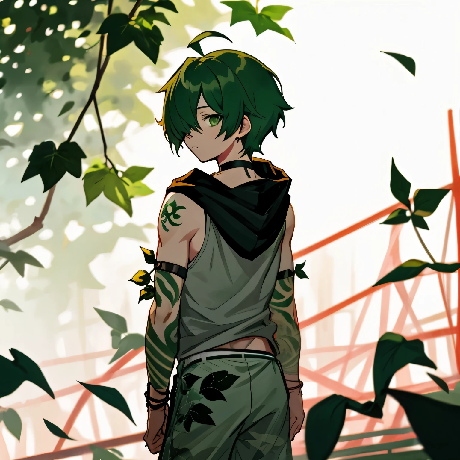 (boy), green ivy hair, green eyes, short cut, side part, ahoge, hair over one eye, thin eyebrows, young, expressionless, alone, short, Shota, solo, with a magic leaves large green big tattoo, slim, tank top, hood, choker, dark fantasy, cult party kei, cyberpunk, outside, on the back alley, at night, wearing a hood