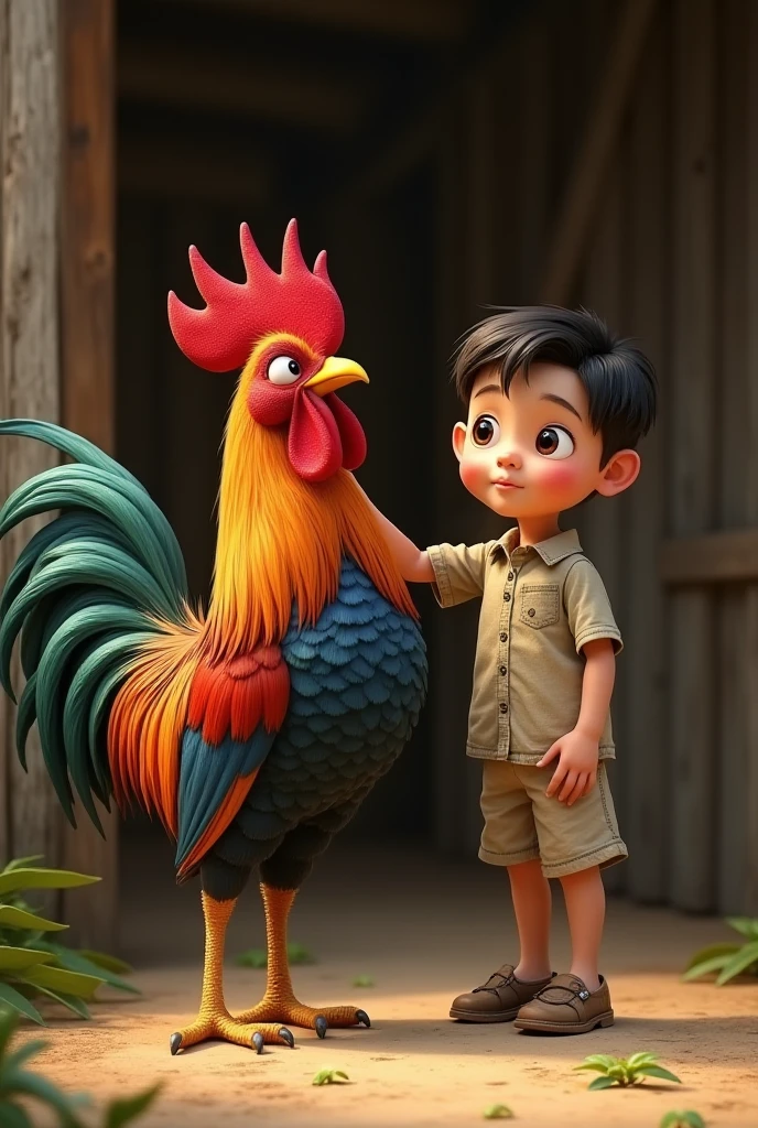 there is a boy that is holding a chicken in his hand, the king of rooster, animation character, rooster, chicken, cocky, 3 d animated movie, 3 d cartoon, 3d character, 3 d character, 3 d character render, rooster!!!!, promotional render, 3 d animated, 3d animated, animation still, gooseman, 3 d animation