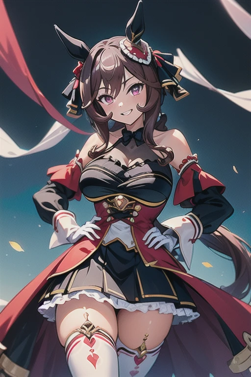 gentildonna,umamusume,1girl, animal ears, solo, purple eyes, horse tail,large breasts,,light smile,best quality,bare shoulders, white gloves, black belt on the chest, red dress, frills, ribbon, black skirt, thighhighs, white legwear, large breasts, hand on own hip, smug,