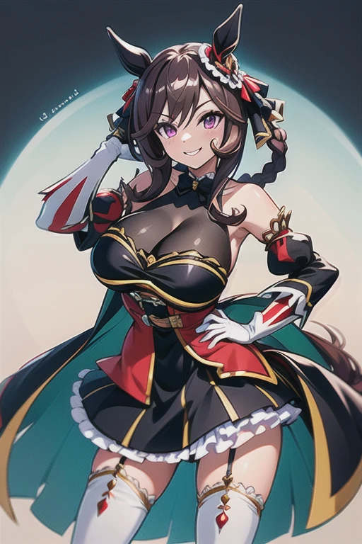 gentildonna,umamusume,1girl, animal ears, solo, purple eyes, horse tail,large breasts,,light smile,best quality,bare shoulders, white gloves, black belt on the chest, red dress, frills, ribbon, black skirt, thighhighs, white legwear, large breasts, hand on own hip, smug,