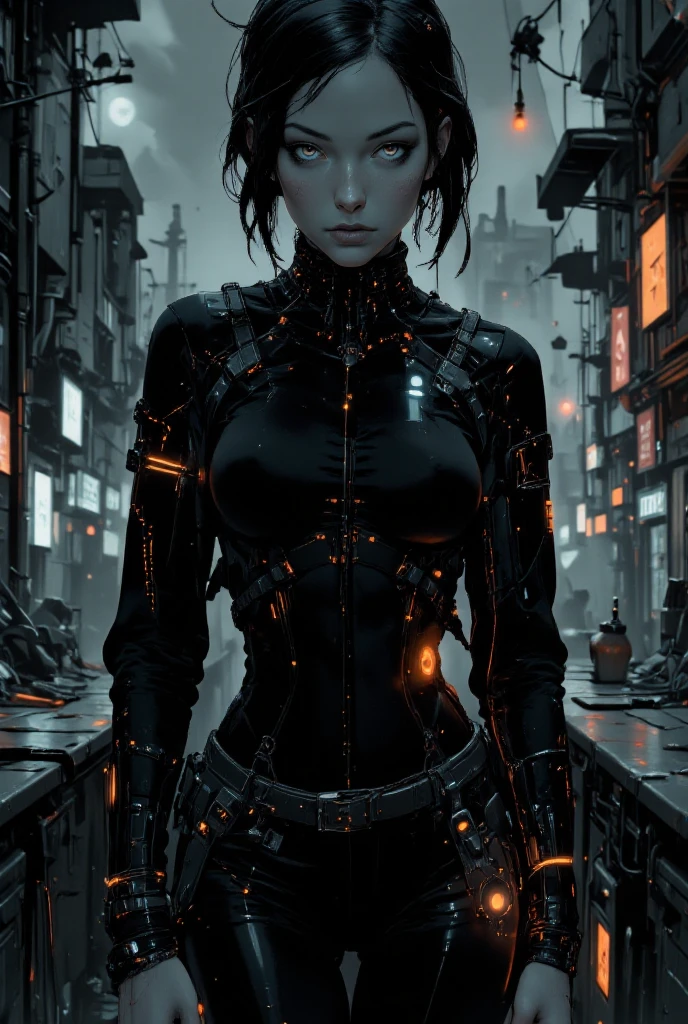 girl Bladeruner robot concept  Black Style Clothing, by Yoshitomo Nara and Jenny Saville ,  close up, dynamic pose,  best quality, moody lighting, volumetric fog