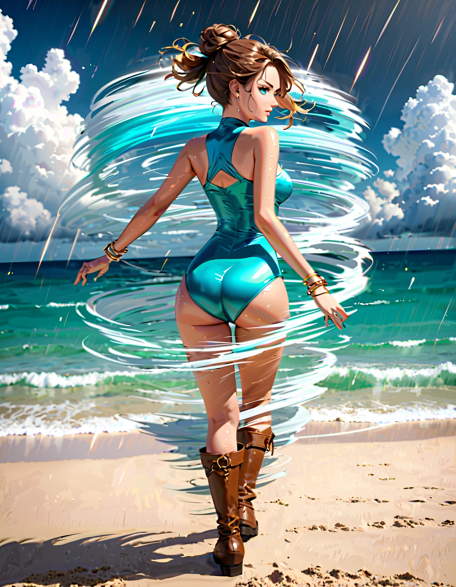 (masterpiece), best quality, expressive eyes, perfect face, short blonde hair, blue eyes, long eyelashes, surf shop, surf boards, ocean waves, rear view, top hoodie, big ass, wide hips, (bottomless), exposed ass, no panties, sneakers, full body