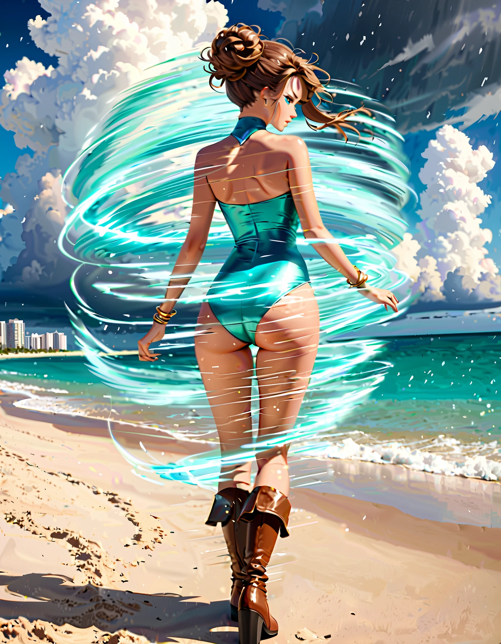 Girl Youku anchor,(((1girll))),((Very cute beautiful girl with green curly hair)),
Watching from behind,Back view,Persona diagram
(short breasts:1.4),big assa,(((Green curls:1.35,Very curly hair,Colored inner hair,Ear breathing,Short hair))),(((Green_Eyes:1.3))),intricately detailed eyes,Beautiful detailed eyes,Symmetrical eyes,Big eyes:1.3,((Fat)),(((Glossy glossy skin:1.5,Bright Skin: 1.5,dark tanned skin,Shiny skin,very shiny skin,shining body,plastic glitter skin,exaggerated shiny skin,brightskin,Wet legs))),Detailed body,(Detailed face),One Punch Man Tornado
Lovely,slutty,Seductive,Erotic,(((NSFW))),
zettai ryouiki,Clothing that exposes,show skin,((rave mini-skirt,visible thong straps,White loose vest,Decorated with anime art prints)),((Wet clothes,intricate outfits,intricate clothes)),
(Dynamic pose:1.0),Embarrassed,(Buttock display,Scale to fit the dimensions,Rule of thirds),Close-up of buttocks
Cyberpunk night by the sea, There are bright neon lights and dark storm clouds and puddles, scenery:1.25,
artsy photography,(photography of:SLDR),A high resolution, Sharp focus, (Ultra detailed, Extremely detailed), (realistic artwork:1.37),(Extremely detailed Cg Unity 8K wallpaper),((Synthetic wave background theme)),(((Vibrant colors))),(intricate background),(Masterpiece),(Best quality),