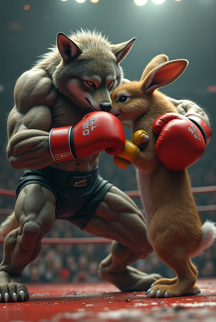 This is a digital rendering of a boxing match between a man dog like and a rabbit. The man is punching the rabbit, and the rabbit is defending himself.