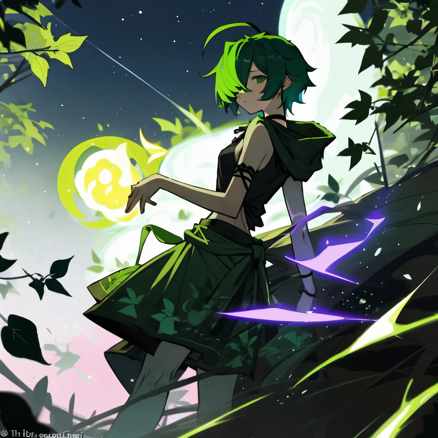 (boy), green ivy hair, green eyes, short cut, side part, ahoge, hair over one eye, thin eyebrows, young, expressionless, alone, short, Shota, solo, with a magic leaves large green big tattoo, slim, tank top, hood, choker, dark fantasy, cult party kei, cyberpunk, outside, on the back alley, at night, wearing a hood