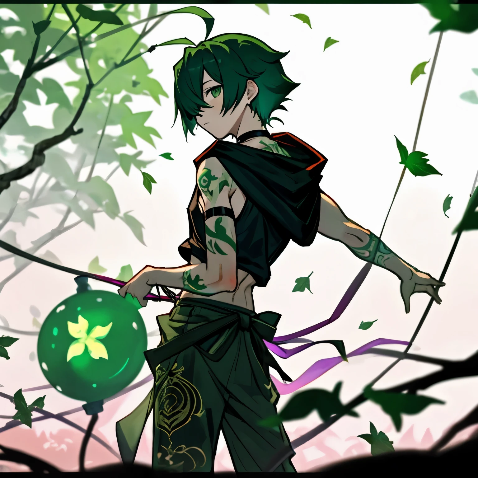 (boy), green ivy hair, green eyes, short cut, side part, ahoge, hair over one eye, thin eyebrows, young, expressionless, alone, short, Shota, solo, with a magic leaves large green big tattoo, slim, tank top, hood, choker, dark fantasy, cult party kei, cyberpunk, outside, on the back alley, at night, wearing a hood, cult party kei, folk art, traumacore, dark atmosphere, dark academia