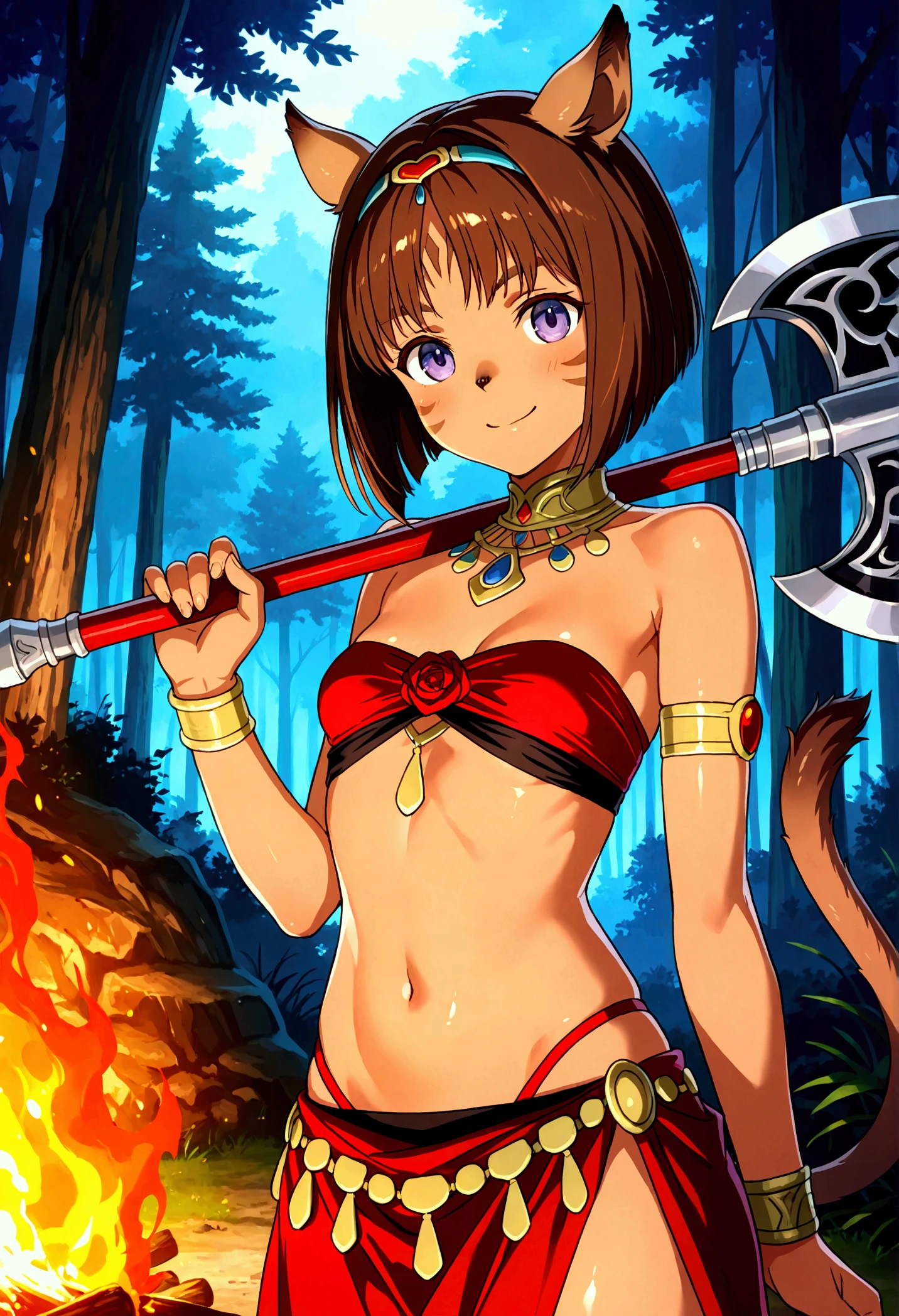 masterpiece, 1 very young girl 、One man、Mithra　 Final Fantasy 11、 Final Fantasy 11、 brown skin next to a woman、three red patterns on the cheeks、Dark brown cat ears and tail 、 very small breasts、 short bob with sisters、Shiny reddish brown hair 、red dancer costume、The background is the forest、Bonfire、Carrying an axe、smile、