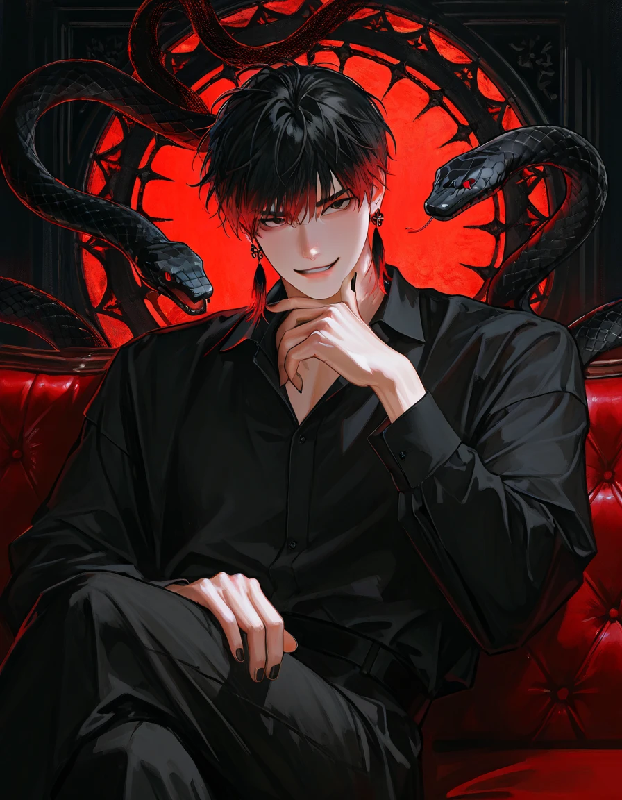 Handsome man, 1 man, handsome man, pitch black hair, dark red highlights, messy hair, male focus, focus, black nail polish, collared shirt, deep black eyes, smug expression , sitting with his legs on the table, gothic background, dark background, black snake earrings, high details, perfect eyes, Korean men, thick brushstrokes, cinematic light, semi-realistic art, semi-realistic art style, impressionist painting,detailed art style, expressive brush strokes, vibrant brush strokes, impressionist painting,realistic skin, realistic hair, realistic details, photo realistic, High details, uncensored,