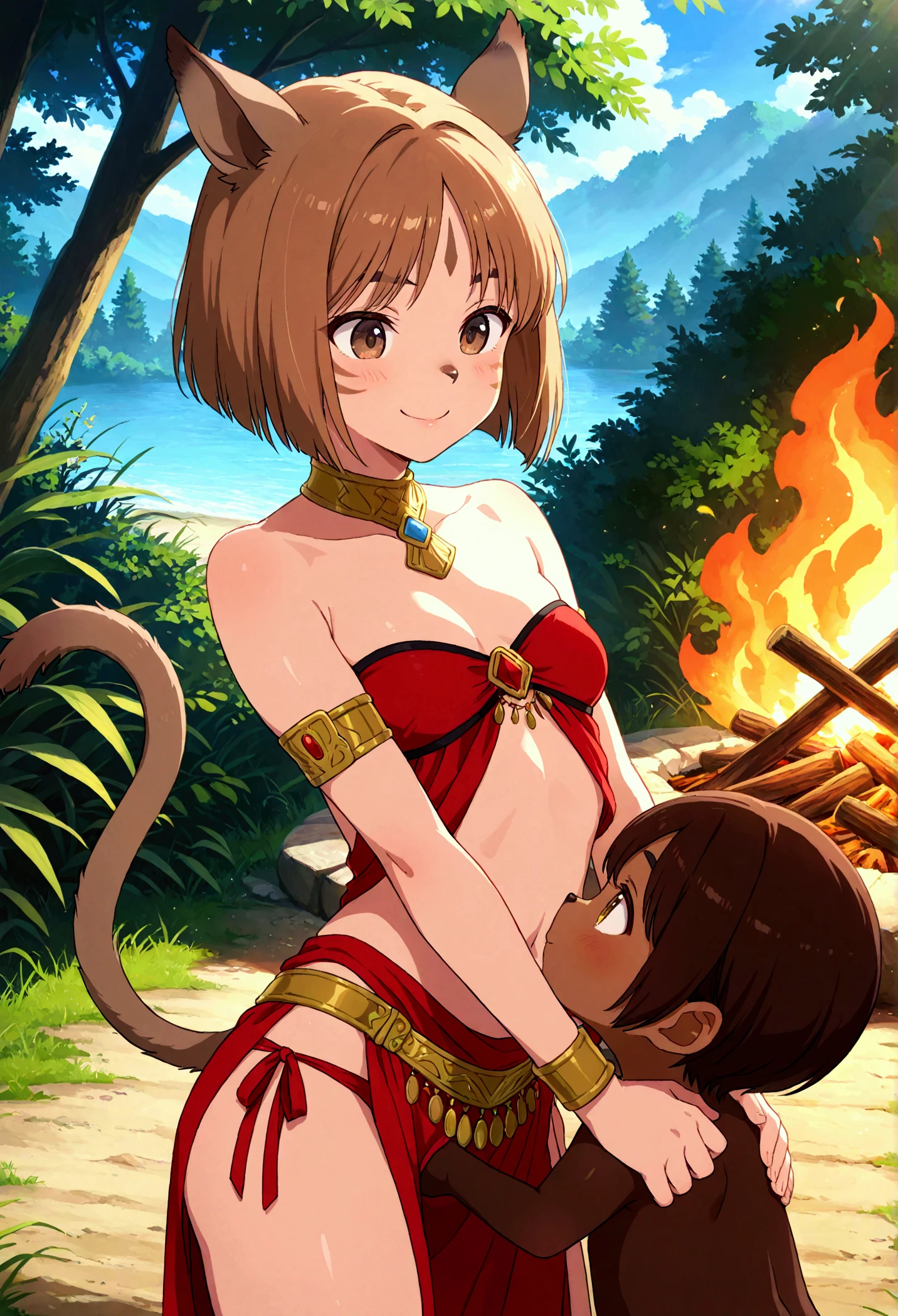 masterpiece, 1 very young girl 、One man、Mithra　 Final Fantasy 11、 Final Fantasy 11、 brown skin next to a woman、three red patterns on the cheeks、Dark brown cat ears and tail 、 very small breasts、 short bob with sisters、Shiny reddish brown hair 、red dancer costume、The background is the forest、Bonfire、Carrying an axe、smile、