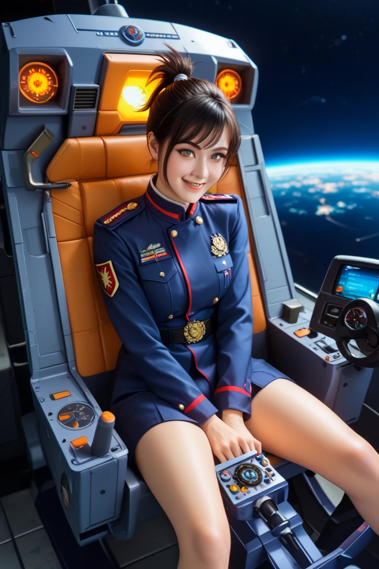 ( sitting in the cockpit of a futuristic airplane、The girl is wearing a military uniform 、 the military uniform fits her body 、Clear eyes、 short ponytail 、 white skin、 fiery skin 、Beautiful girl sitting in a reclining seat and stretching her legs forward 、I'm holding the steering wheel with a smile)、 HD、 High Quality 、 High Resolution 、from above 、